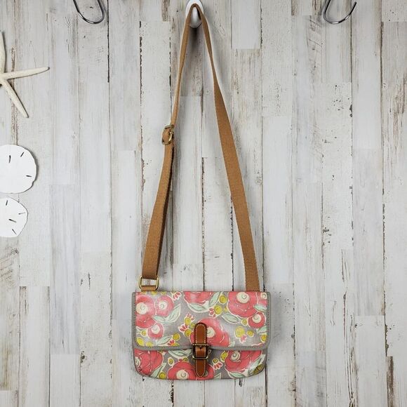 Fossil Floral Oil Cloth Crossbody Bag Purse Pink Gray - Picture 9 of 11